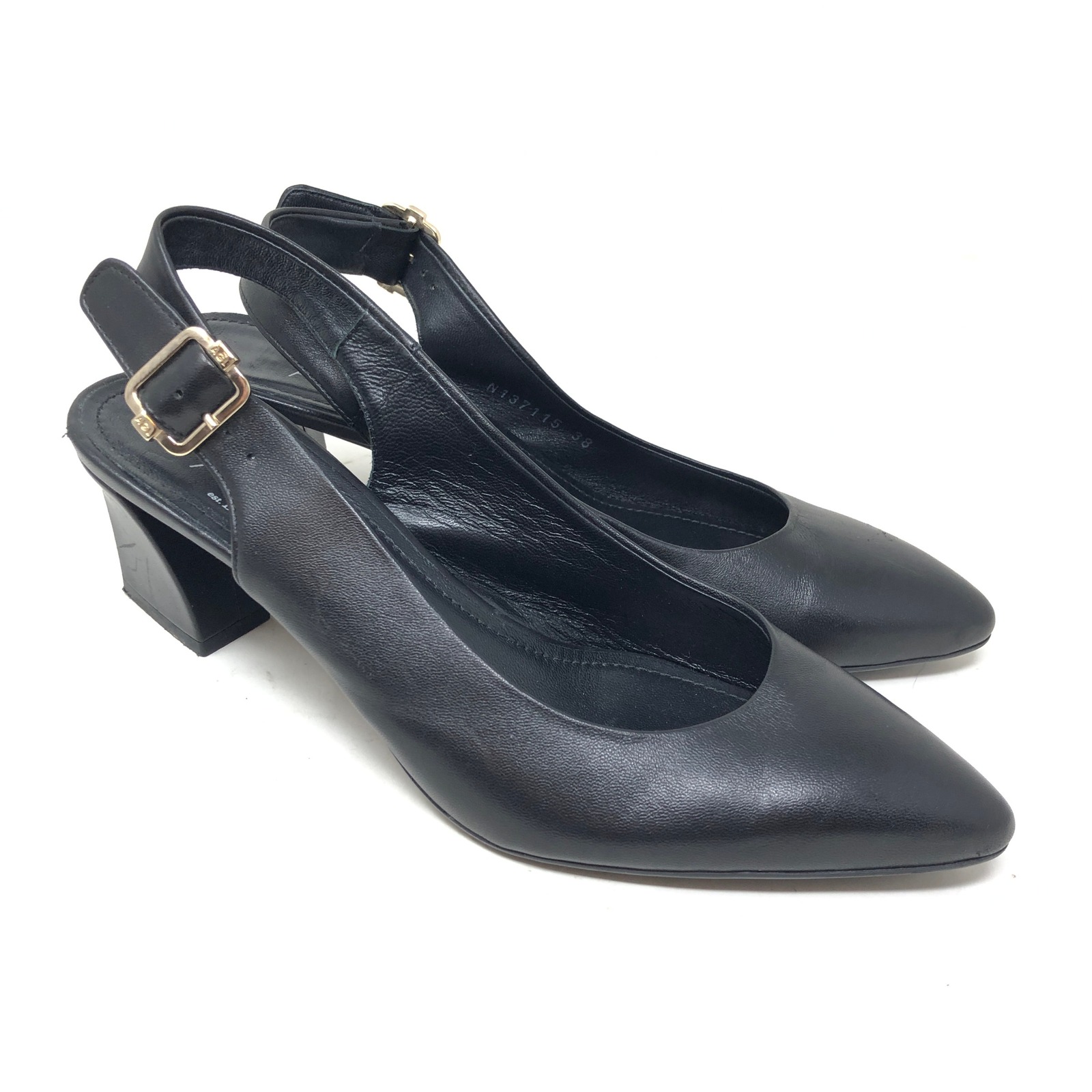 Agl Slingback Womens 38 Dahlia Pumps Black Leather Block Heel Point Toe